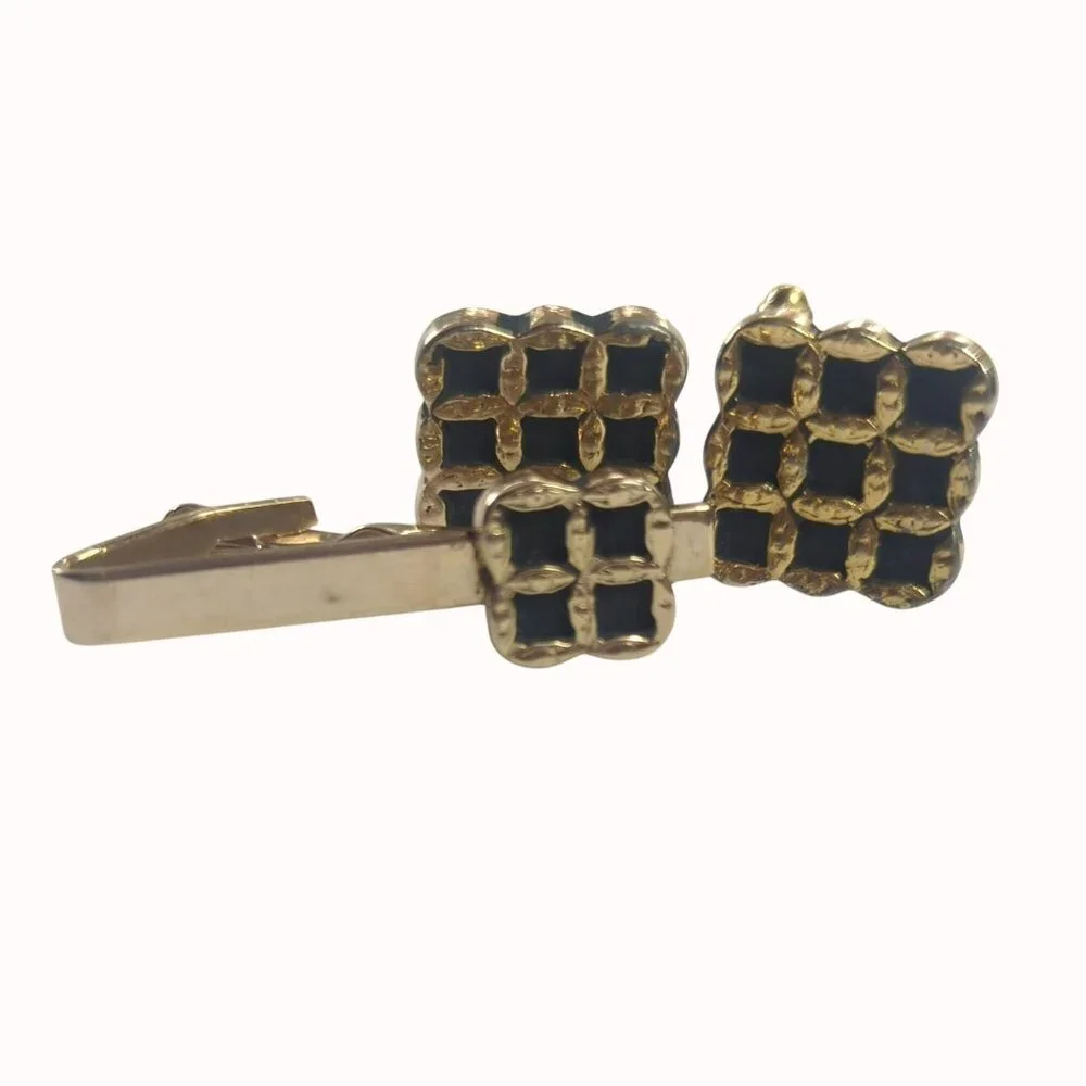 Vintage Black Gold Tone Square Grid Cufflinks and Tip Clip Set